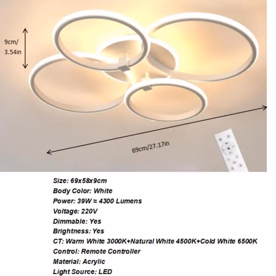 Pannello LED per soffitto - Modello A0320 - Design moderno - 3 anelli - Luce bianca fredda 6500 K - 41–50 W - Adatto per ambienti da 10–15 m² - Colore: oro