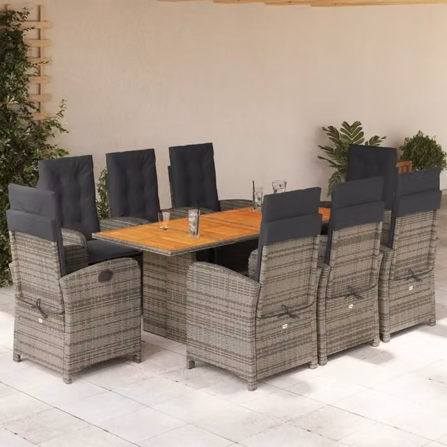 Set da pranzo da giardino vidaXL in polyrattan e legno di acacia con 9 pezzi, grigio e marrone – 1