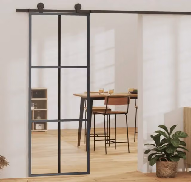 Porta Scorrevole vidaXL in Alluminio e Vetro Trasparente Nero L: 76 cm, H: 205 cm