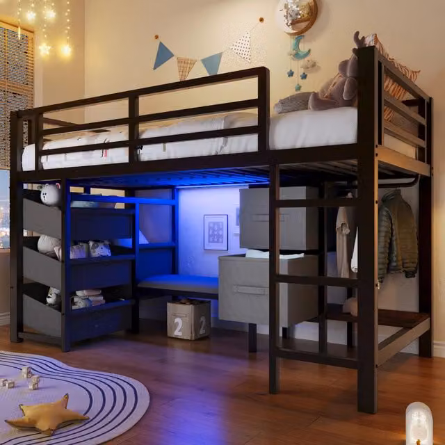 Letto semi-alto in metallo con cuscino, cassetti e LED, 90x200 cm, nero