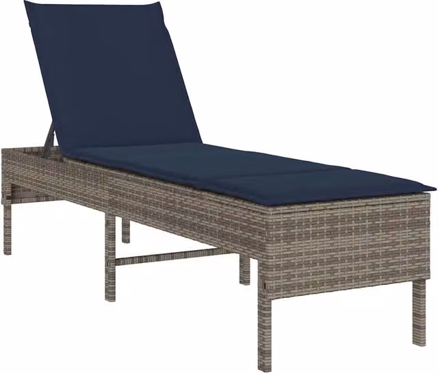 Lettino prendisole da giardino in polyrattan con cuscino grigio e blu, L/P/H: 200 x 55 x 44 cm – 1