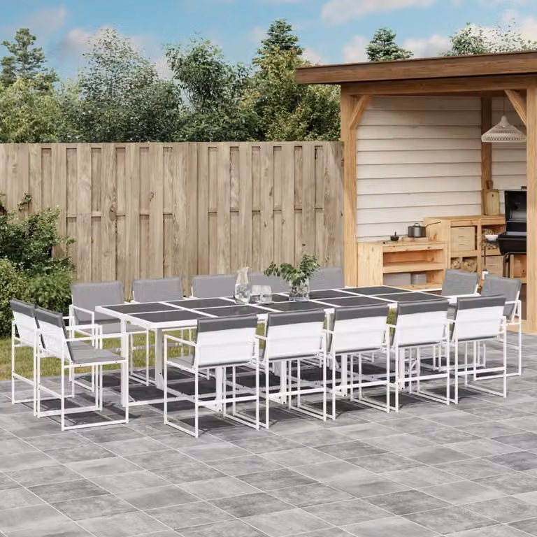 Set da pranzo da giardino vidaXL in acciaio verniciato a polvere e vetro, 15 pezzi, bianco e grigio