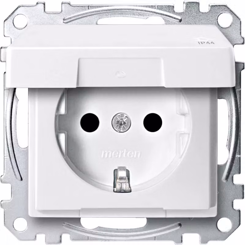 Presa SCHUKO con coperchio ribaltabile, IP44, BRS, coperchio a vite con meccanismo di sollevamento, bianco polare, Sistema M