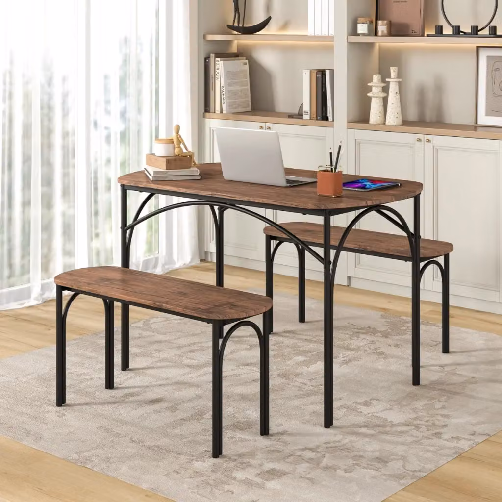 Set da pranzo Design Mania composto da tavolo rettangolare e 2 panche in stile industrial, colore marrone e nero, con struttura in metallo e piano in legno MDF laminato, L: 120 cm – 2