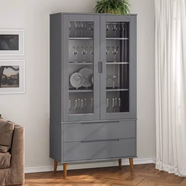 Vetrina MOLDE Grigia 90x35x175 cm in Legno Massello di Pino 350545