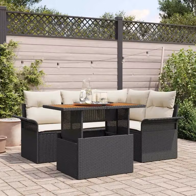 Set Divano da Giardino vidaXL 5 pz a L con Cuscini Nero e Beige