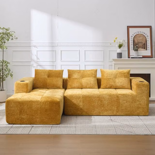 Divano Angolare 3 Posti MINIMAL Giallo con Cuscini in Tessuto L/P/H: 258 x 163 x 68 cm