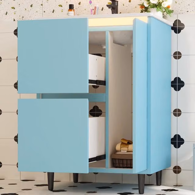 Mobile sottolavabo con lavabo in ceramica 1 anta e 2 cassetti per bagno in MDF e ceramica blu 61 × 46,5 × 87 cm