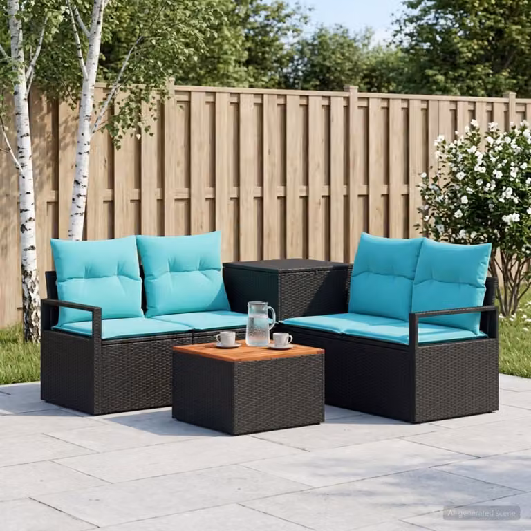 Set di divani da giardino vidaXL in polyrattan e metallo, composizione a L con 6 pezzi, colore nero e blu con cuscini inclusi