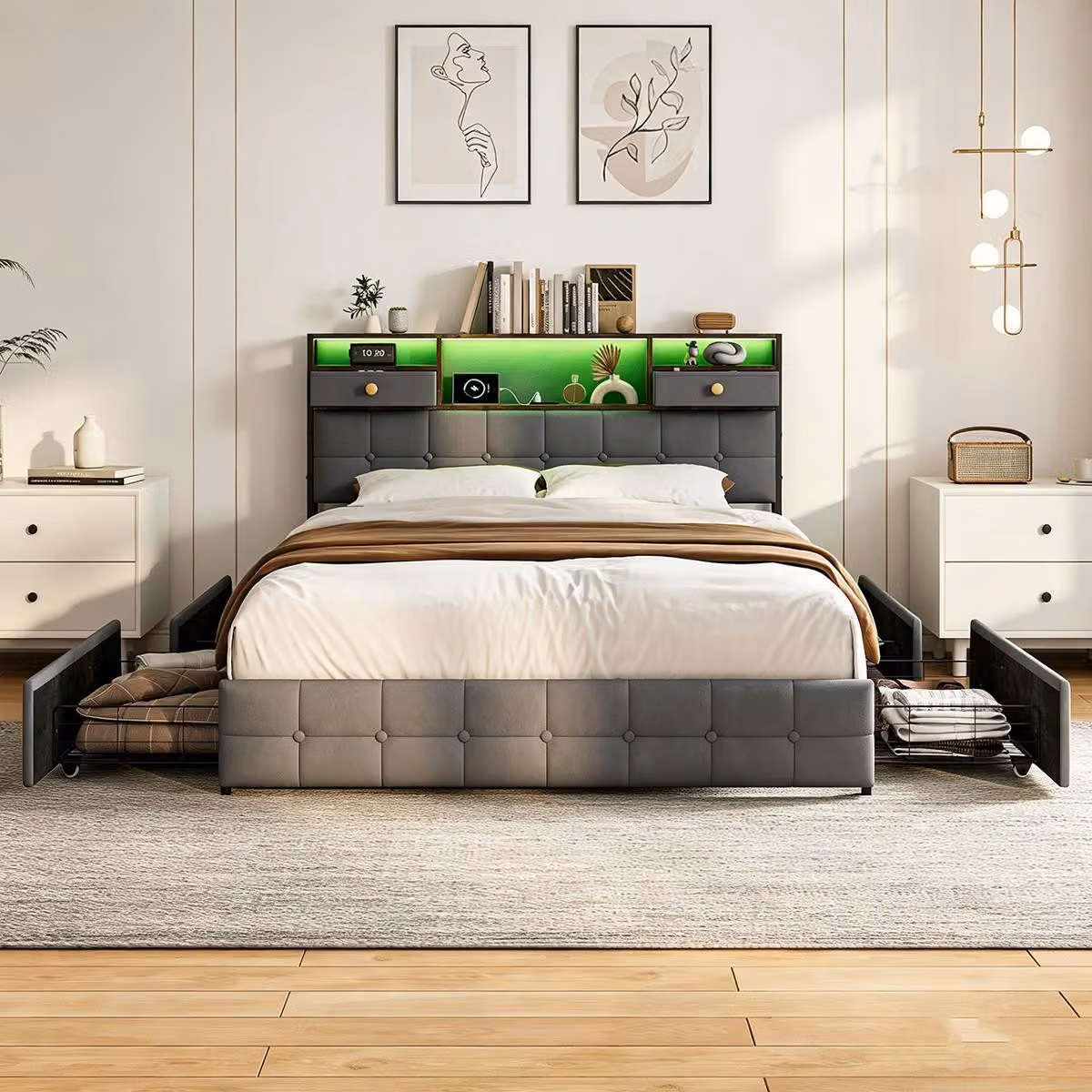 Letto contenitore con boxspring, imbottito, 140x200 cm, con LED e USB/C, dotato di 4 cassetti, struttura letto matrimoniale con rete a molle, rivestito in velluto, colore grigio