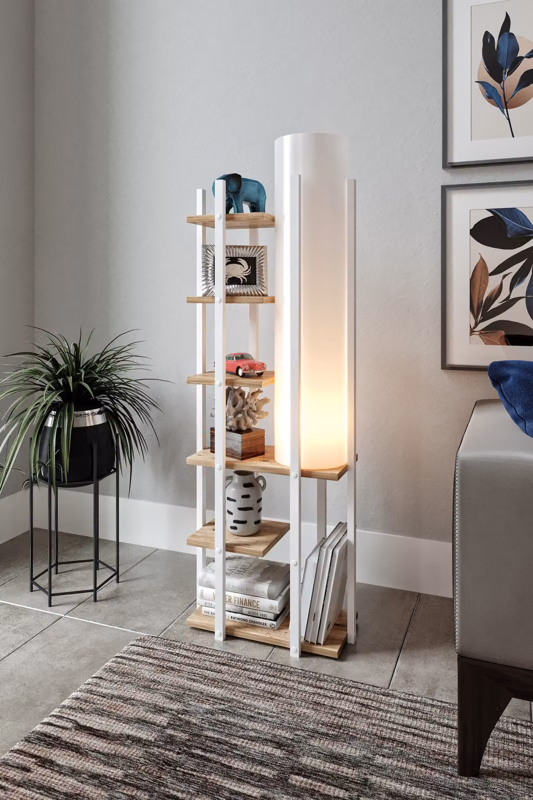 Opviq, lampada da terra di alta qualità, bianco e naturale, altezza 135 cm | Pannello truciolare, profilo in MDF, cappuccio in PVC | Attacco E27, max. 40 W | Design scandinavo moderno, ideale per ogni casa.