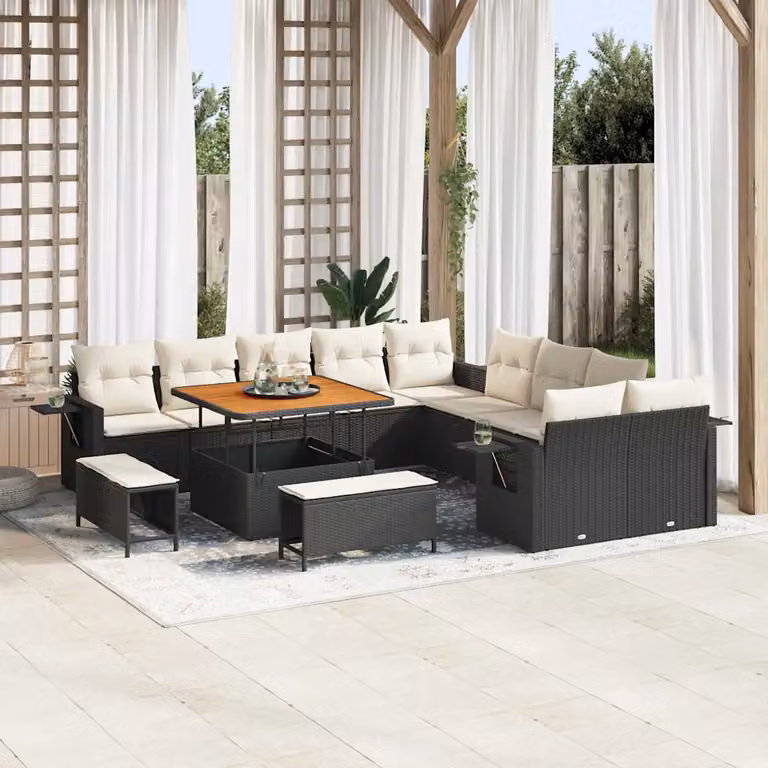 Set Divano da Giardino vidaXL 13 Pezzi a Forma di U con Cuscini e Tavolino Nero in Polyrattan e Acciaio