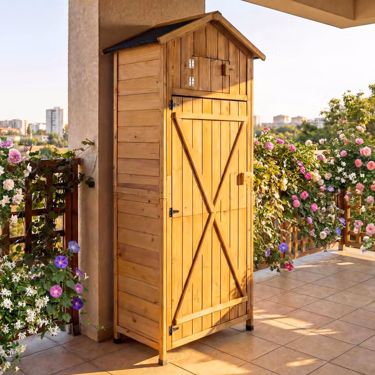 Costway Capanno da giardino in legno con porta a fienile e serratura, Armadio da esterno con mensole tavolo ganci e tetto in asfalto Giallo