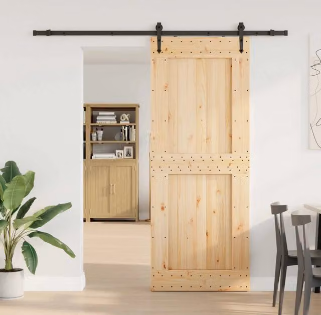 Porta scorrevole moderna vidaXL in legno e acciaio, colore naturale e nero, L: 90 cm, H: 210 cm