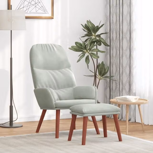 Poltrona Relax Moderna con Poggiapiedi in Velluto Grigio Chiaro e Struttura in Legno e Metallo