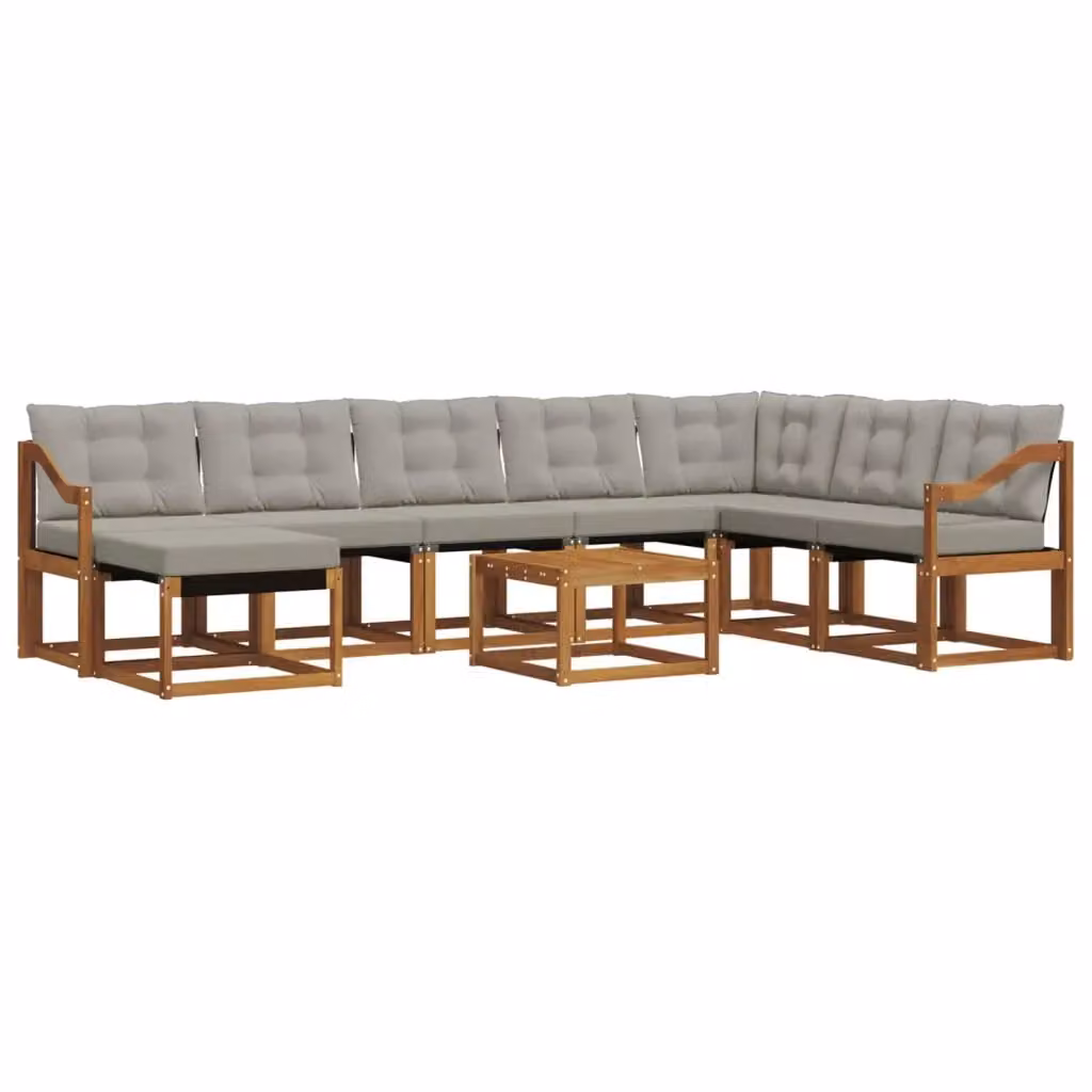 Set di divani da esterno a L vidaXL in legno di acacia con cuscini beige e grigi, composto da 9 pezzi con tavolino e pouf – 2