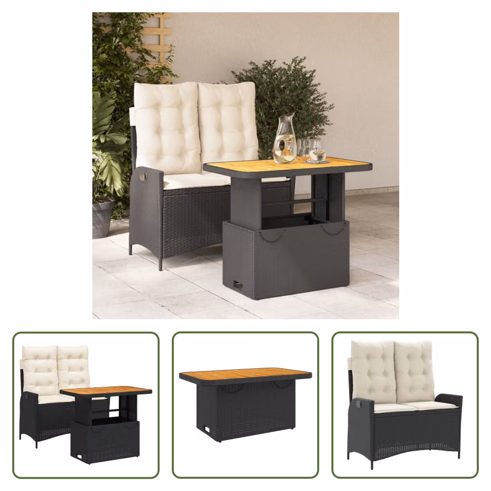 The Living Store Set da pranzo da giardino a 2 pezzi con cuscini in poly rattan nero