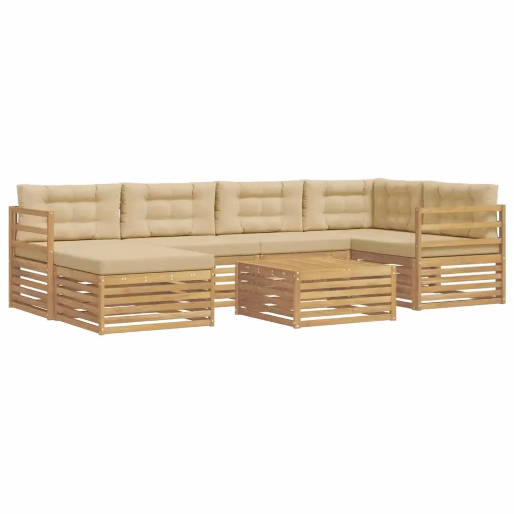Set di divani da esterno vidaXL a L in legno di acacia con cuscini, colore bianco e beige, composto da 7 pezzi con tavolino e pouf – 2