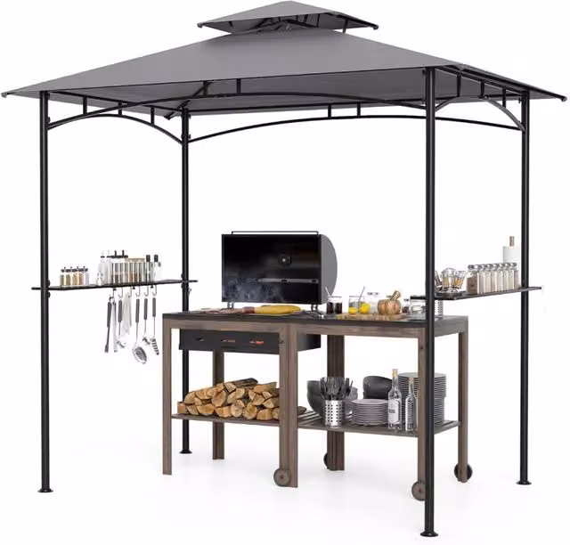 Gazebo per griglia e pergolato per barbecue con doppio tetto, Tenda da esterno 242 x 150 cm Grigio