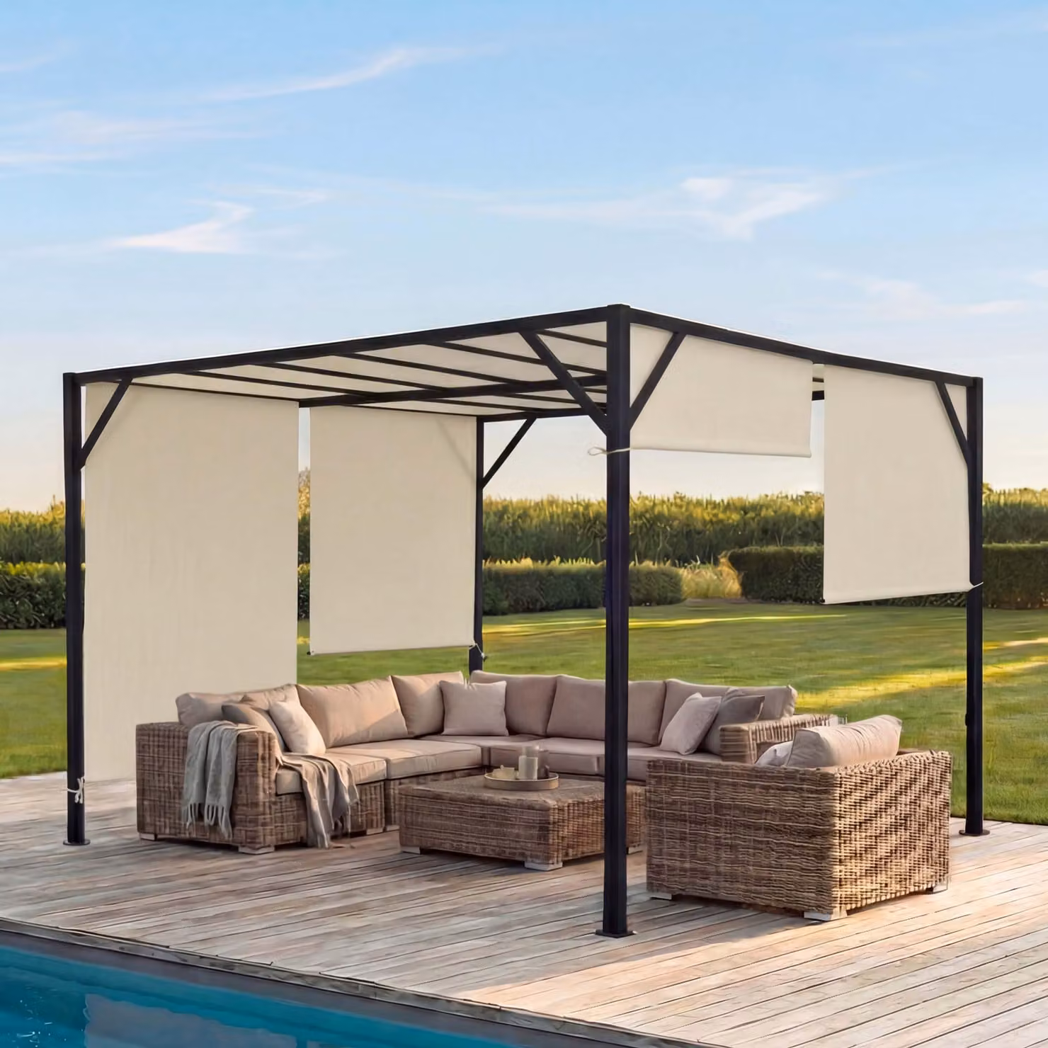Pergola Beja, gazebo da giardino, copertura per terrazza, robusto telaio in acciaio da 6 cm + tetto scorrevole ~ 4x4 m