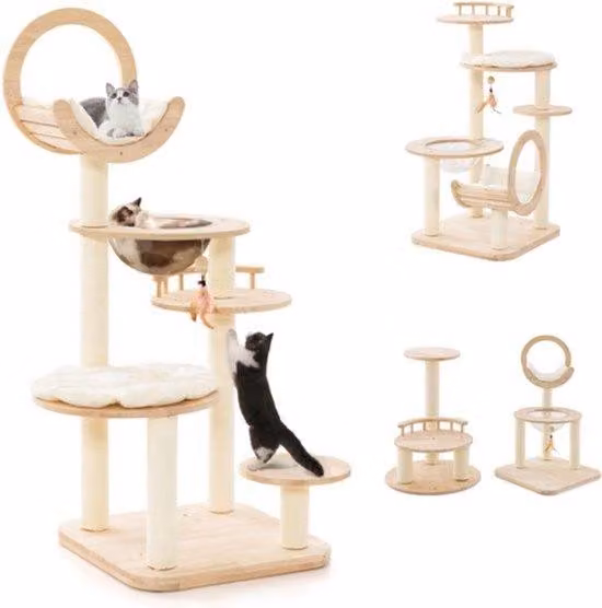 Albero per gatti con palo per arrampicata e nido a capsula - Altezza 146 cm - Legno di gomma e cuscini beige