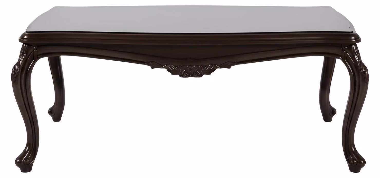 Tavolino da caffè in stile classico, struttura in legno scuro, gambe in legno