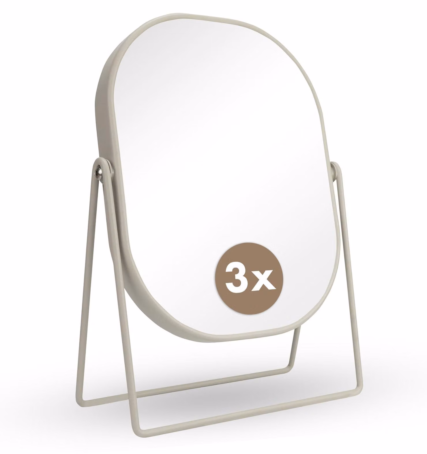 Specchio da trucco beige, forma ovale, dimensioni 20x27 cm, ingrandimento 3x, realizzato in ferro