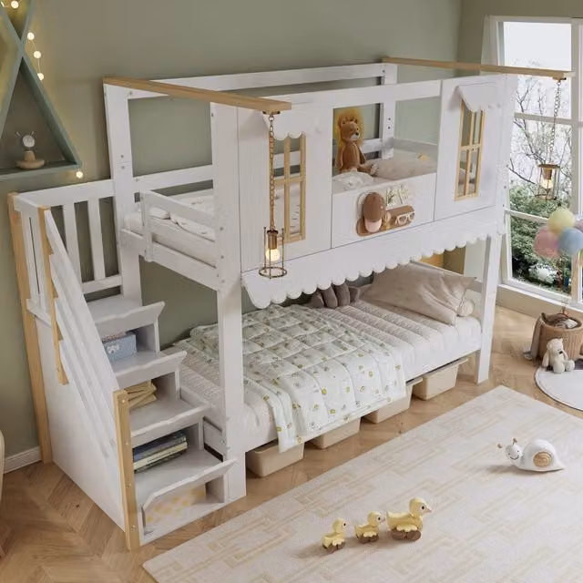 Letto a castello Mivray per bambini in legno e MDF bianco con scala contenitore e struttura a casetta L/P/H: 200 x 90 x 160 cm