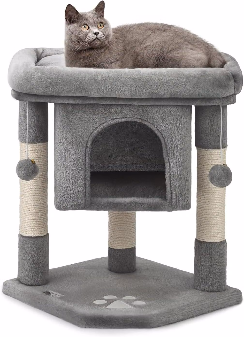 Albero per gatti Kratzbaum, altezza 60 cm, colore grigio scuro, realizzato in corda di sisal e peluche, con una cuccia e 2 palline