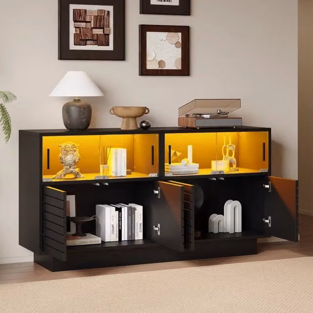 Credenza e madia OKWISH con LED e 4 ante scorrevoli in vetro per soggiorno, colore nero, L/P/H: 130 x 35 x 68 cm