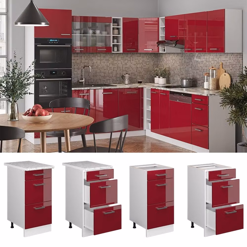 Mobiletto base per cucina Vicco R-Line Rosso lucido e Bianco con cassetti L/P/H: 40 x 60 x 81,6 cm – 2