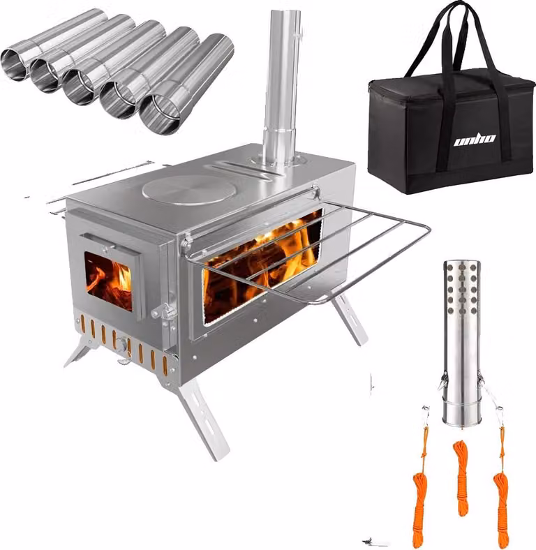 Stufa a legna, design portatile, struttura in acciaio inox, argento