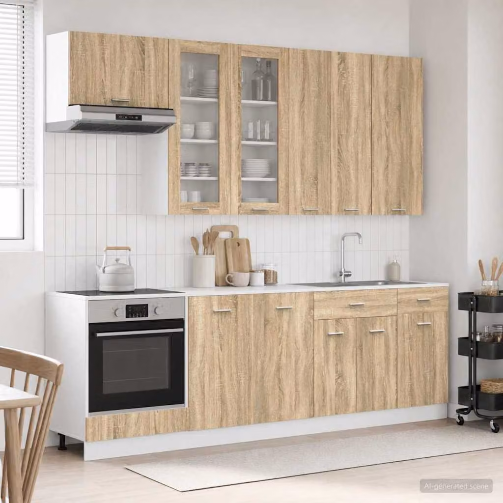 vidaXL Unità Cucina LYON 8 Pezzi in Legno Rovere Sonoma Marrone con Ante in Vetro