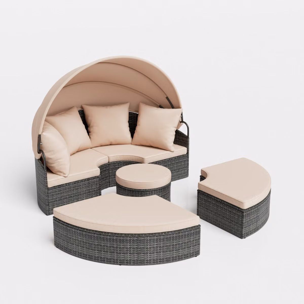 Poltrona letto rotonda da esterno Costway con tettuccio retrattile e cuscini in rattan e tessuto, colore beige