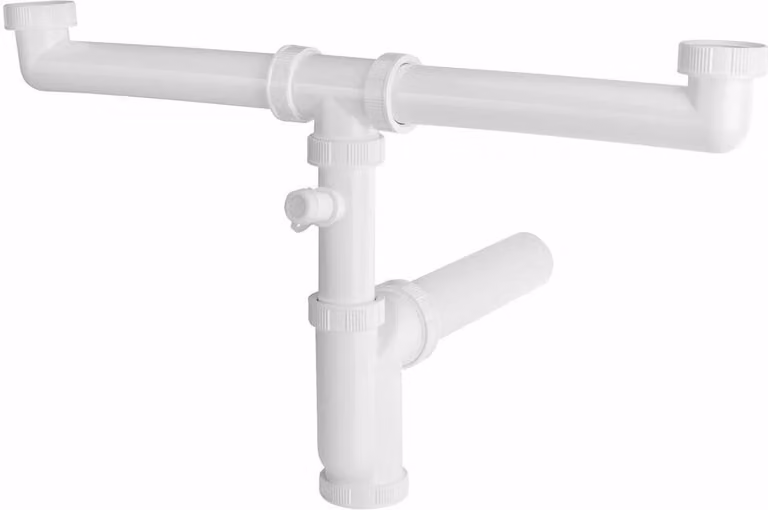 Sifone a filo con attacco alla lavatrice 6/4", per lavelli doppi, DN50, bianco