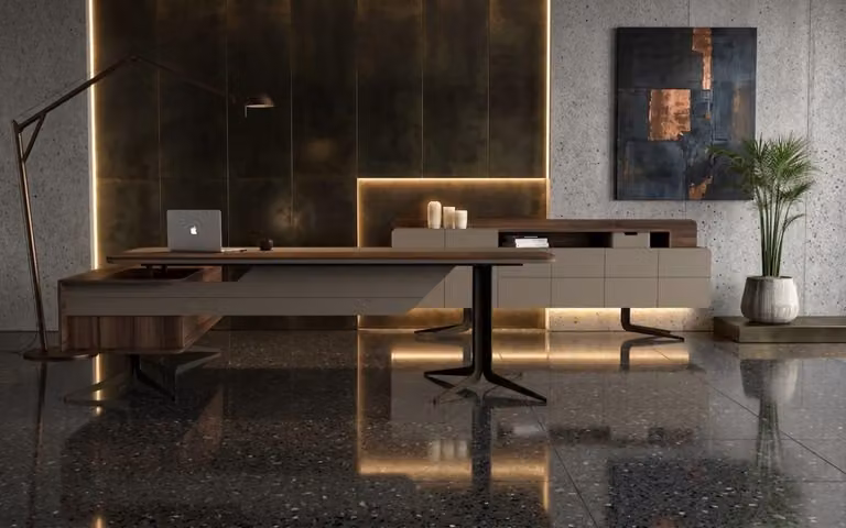 Set di mobili da ufficio eleganti: scrivania in legno, mobiletto laterale, design