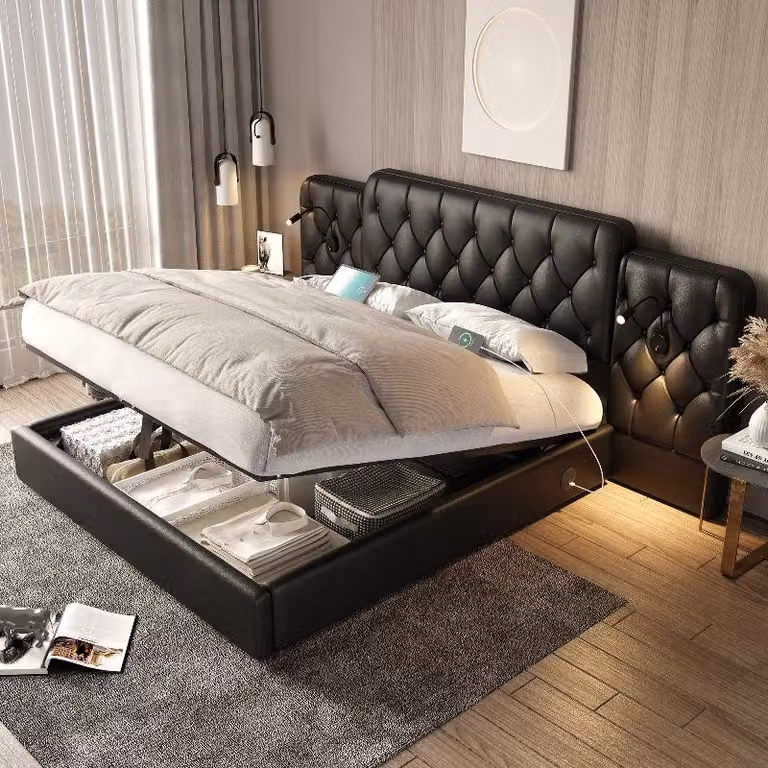 Letto imbottito 160x200 cm, nero, con spazio contenitore a sollevamento idraulico, testiera imbottita alta, prese USB e luci da lettura