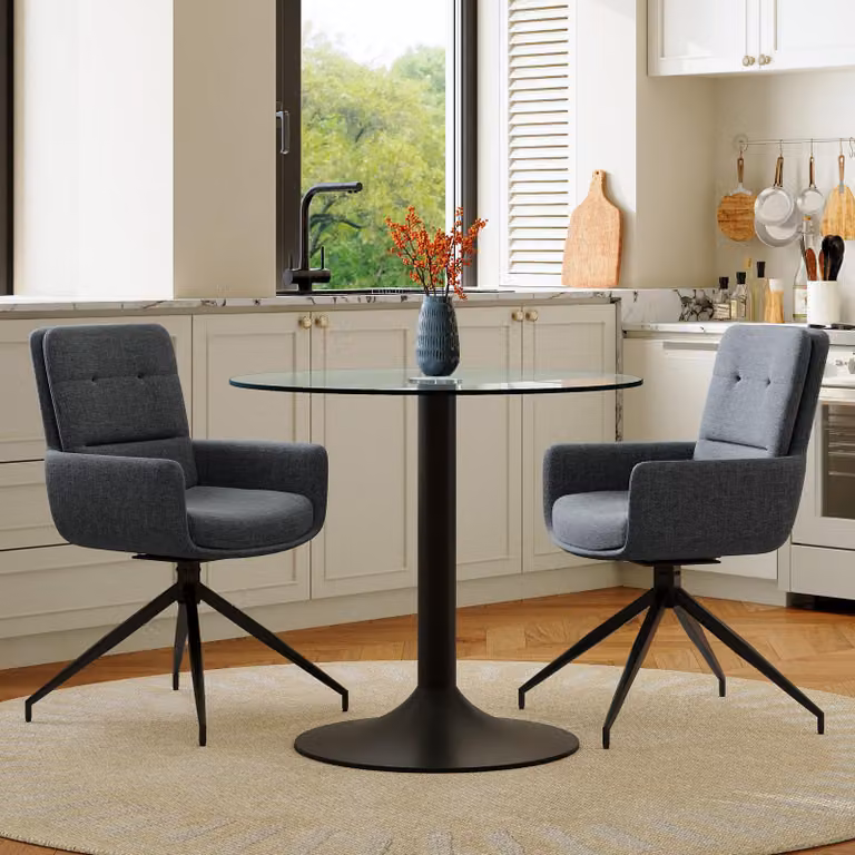 Set di tavolino da soggiorno, piano in vetro temperato, design leggero e lussuoso, struttura in metallo, 2 poltrone girevoli rivestite in tessuto (nero, grigio scuro, trasparente)