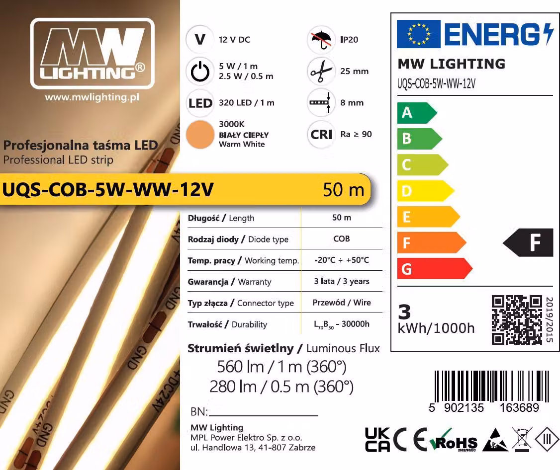 Nastro LED COB professionale 5W 12V bianco caldo 50m
