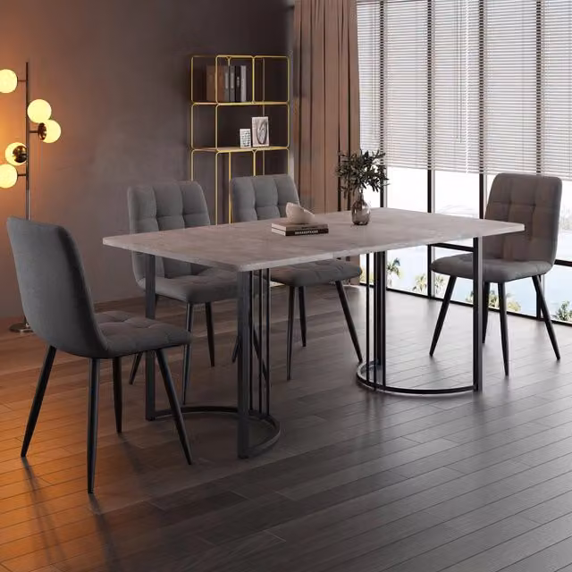 Set Tavolo da Pranzo con 4 Sedie ¨C Xylo ¨C Piano MDF Grigio, Gambe Metallo Nero, 140x80 cm