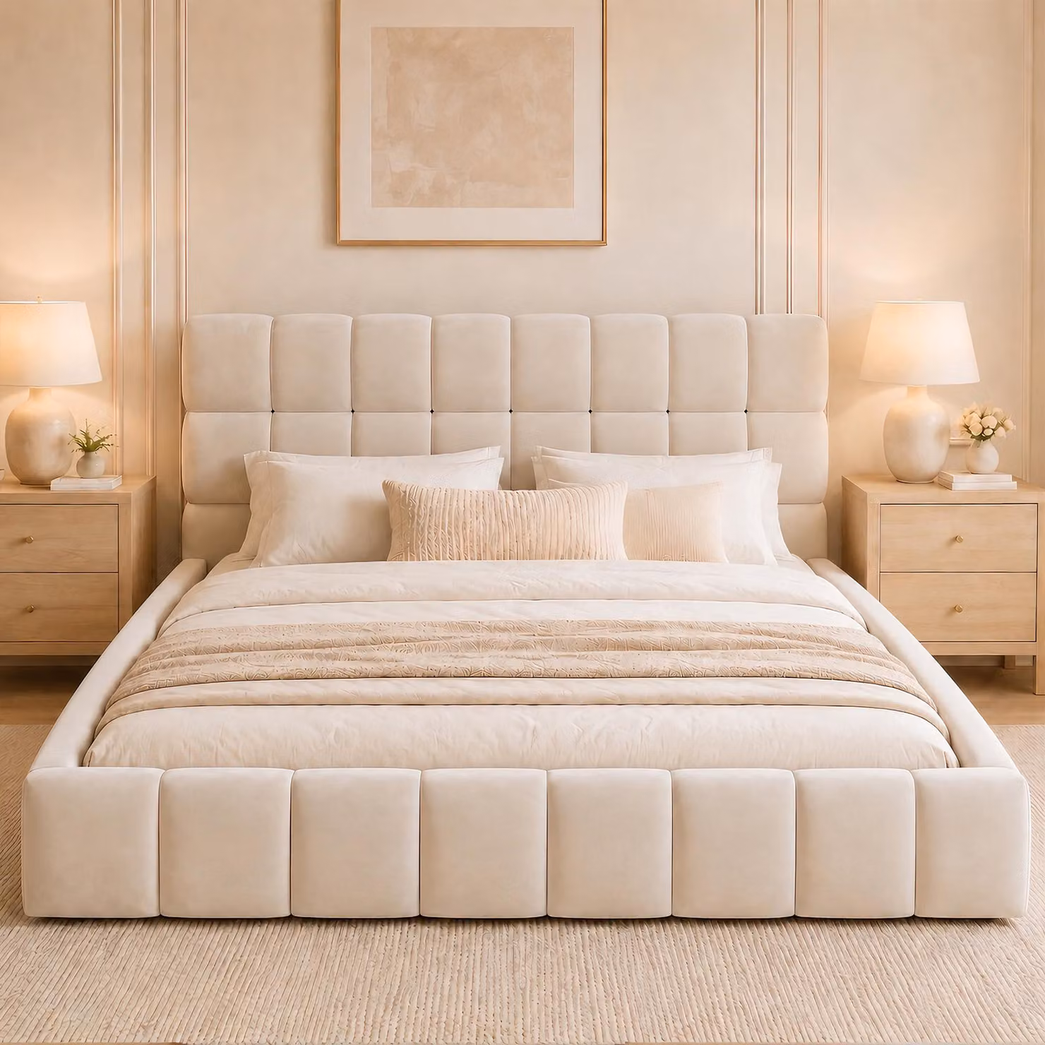 Letto imbottito Flieks 140x200 cm con rete a doghe, letto matrimoniale per ragazzi con testiera imbottita, letto per bambini in legno con bordatura imbottita, velluto, beige