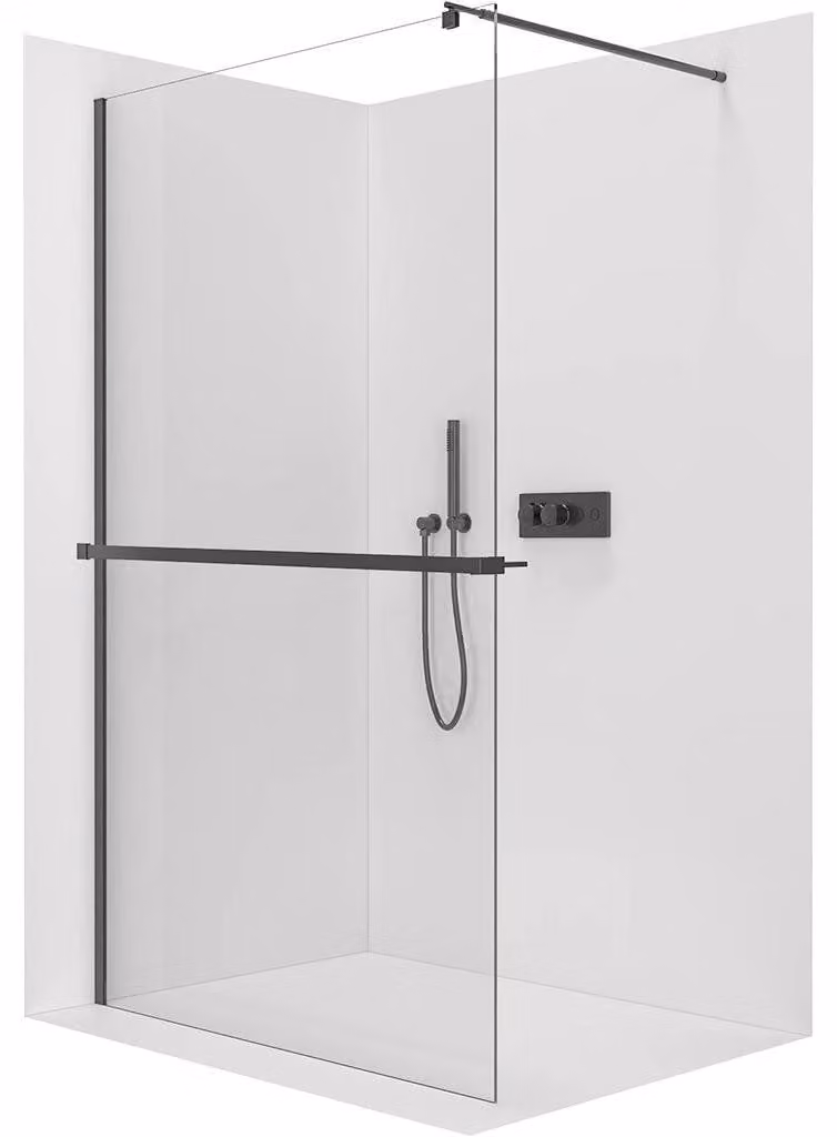 CERANO - Box doccia Walk-in Onyx Round L/P - 10 mm + mensola/portasciugamani - montante rotondo - nero opaco, vetro trasparente - 110x200 cm