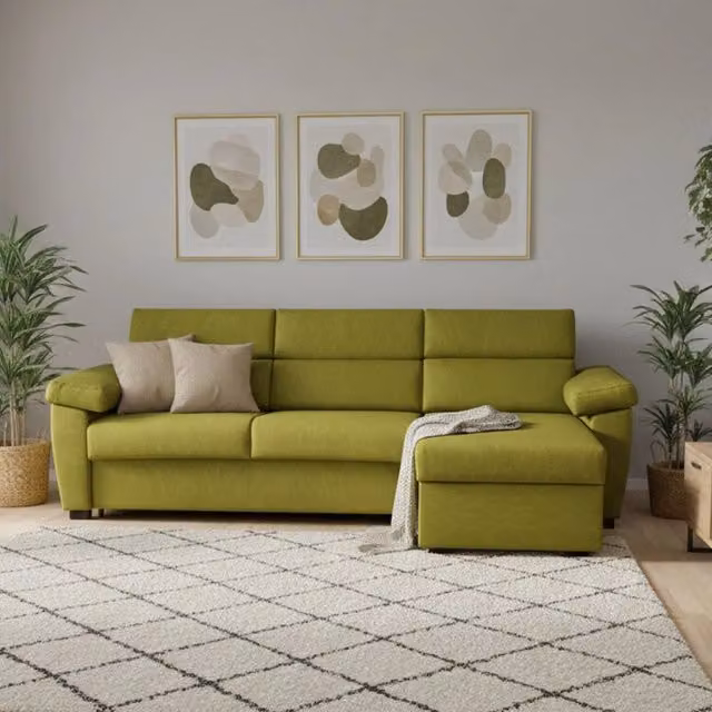 Divano Letto Priverno DMORA con Penisola Sfoderabile Made in Italy, Verde, L/P: 285 x 160 cm