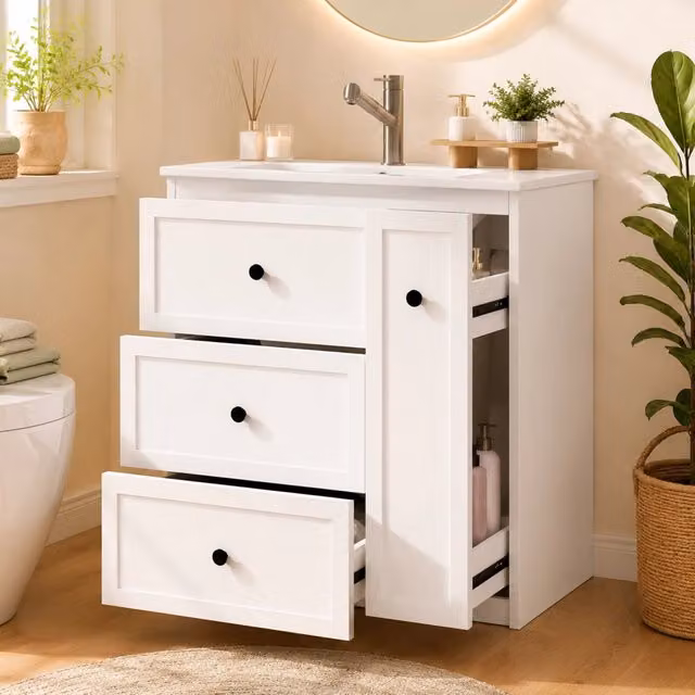Lavabo da appoggio 76x46x82 cm in ceramica integrata, verniciato bianco, con cassetto laterale a scorrimento silenzioso e ampio spazio contenitivo