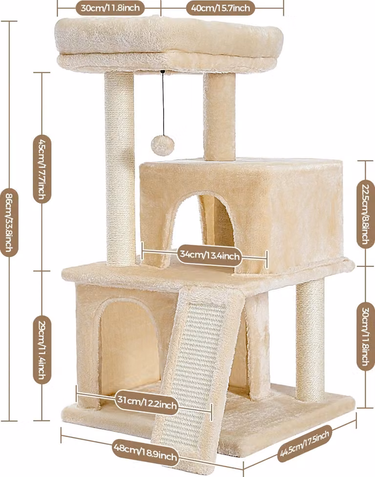 Grande albero per gatti, due spaziosi appartamenti, design a quattro piani, AMT0140BG-LF-a, L