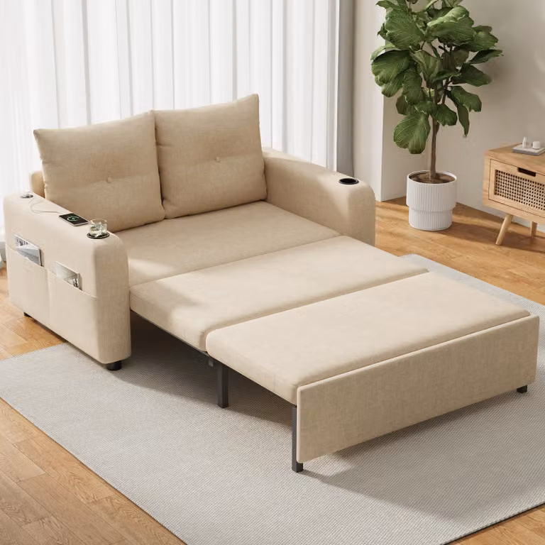 MODFU divano letto 3 in 1 con 2 portabicchieri e pannello di ricarica con porta USB e Type-C, chaise longue con tasche laterali e funzione letto, mobili imbottiti, beige