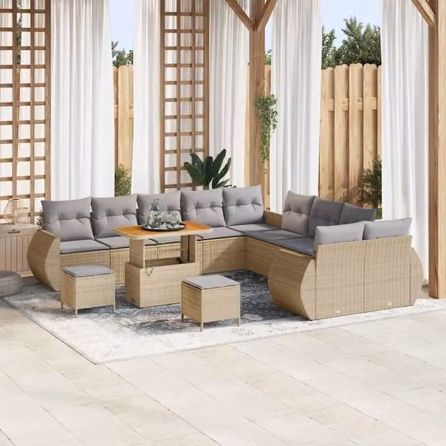 vidaXL Set Divano da Giardino a forma di U con 13 pezzi, beige e grigio, con cuscini e tavolino da esterno