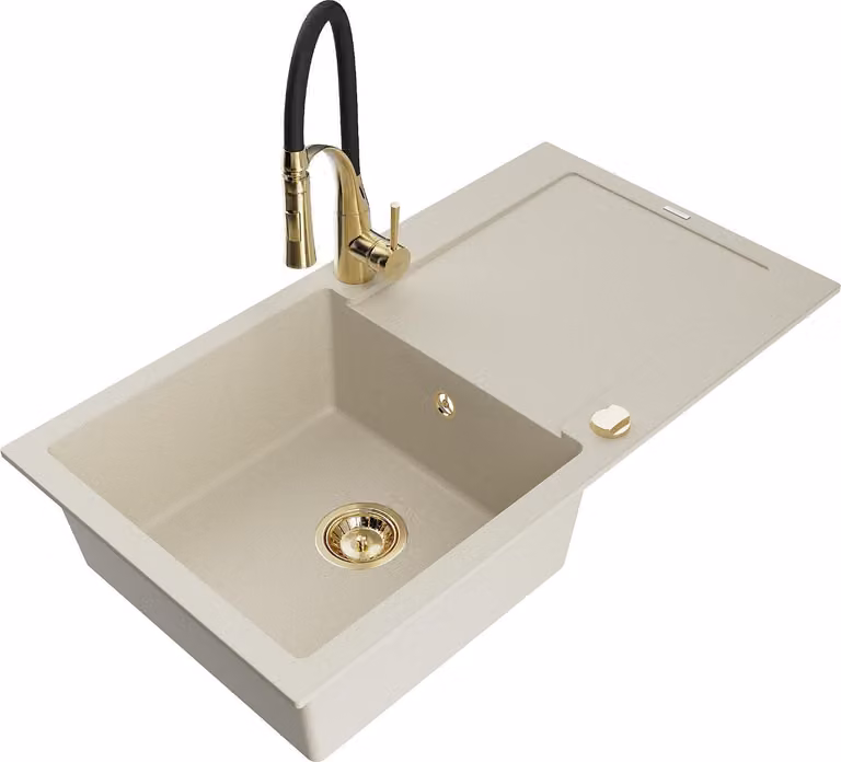 Mexen Leo lavello in granito a 1 vasca con scolapiatti e rubinetto da cucina Aster, beige - 6501-69-73450-57-G