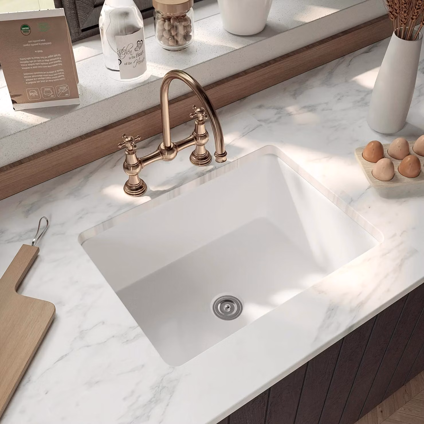 Lavello da cucina - Modello DV-1K515, porcellana - Vasca singola - 1 foro per rubinetto - Senza miscelatore - 61 x 47 x 28,5 cm - Resistente ai graffi