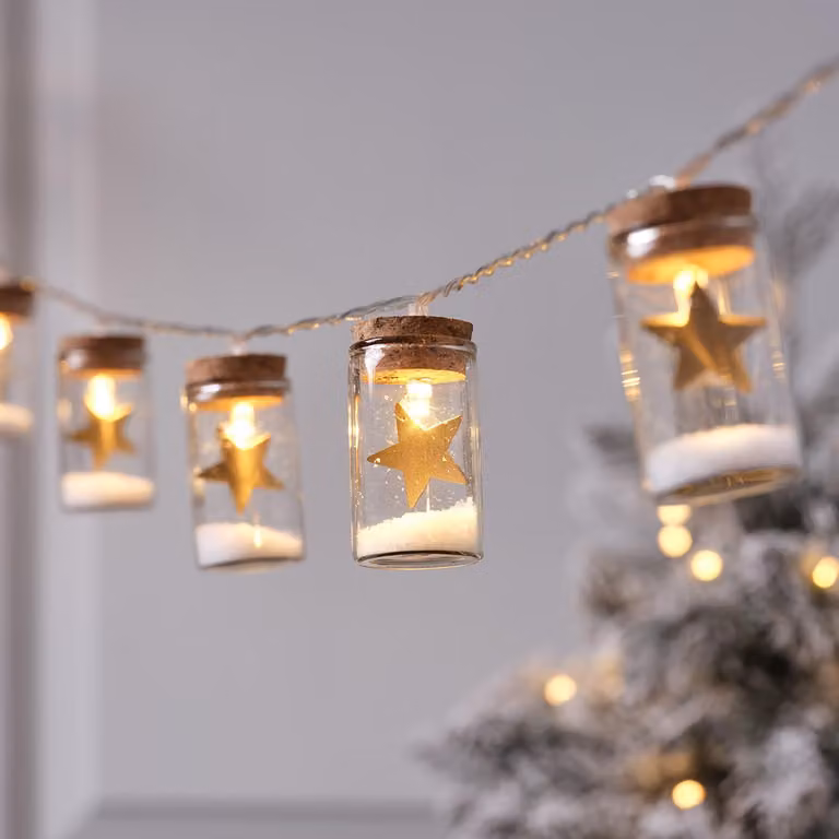 Catena luminosa a forma di stella, realizzata in vetro, con 10 LED bianco caldo, color oro, lunghezza 135 cm